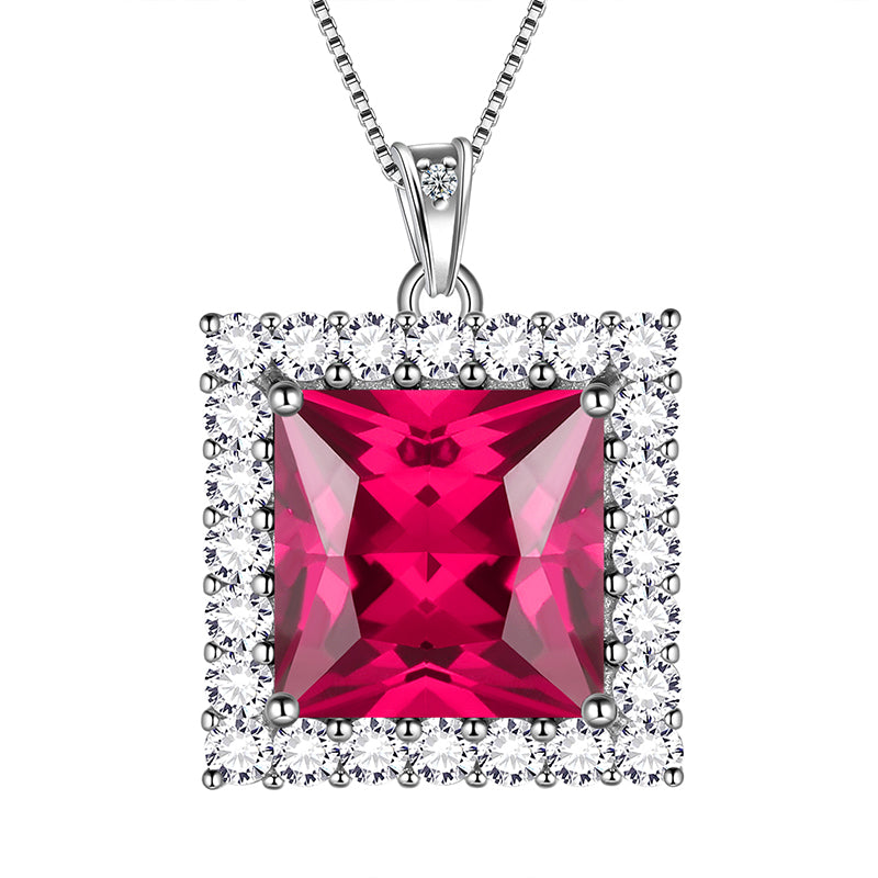 Square Birthstone July Ruby Necklace Pendant Women Girls Jewelry Birthday Gifts Sterling Silver - Aurora Tears Jewelry