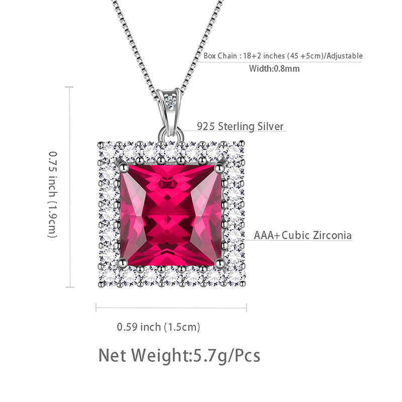 Square Birthstone July Ruby Necklace Pendant Sterling Silver - Necklaces - Aurora Tears