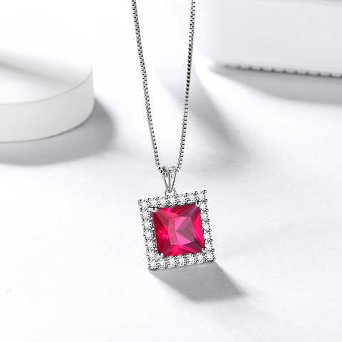 Square Birthstone July Ruby Necklace Pendant Sterling Silver - Necklaces - Aurora Tears