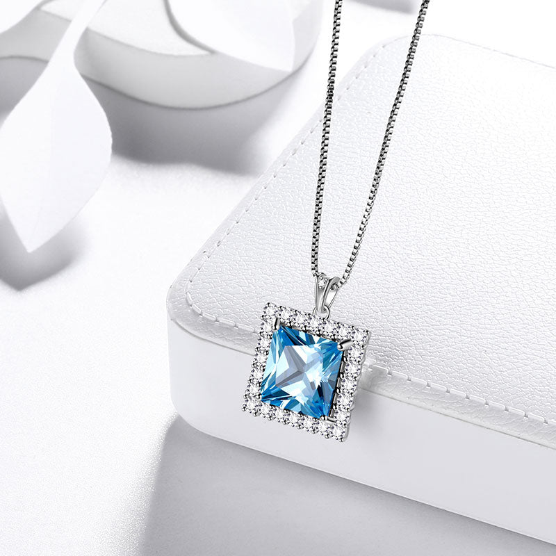 Square Birthstone March Aquamarine Necklace Pendant Sterling Silver - Necklaces - Aurora Tears