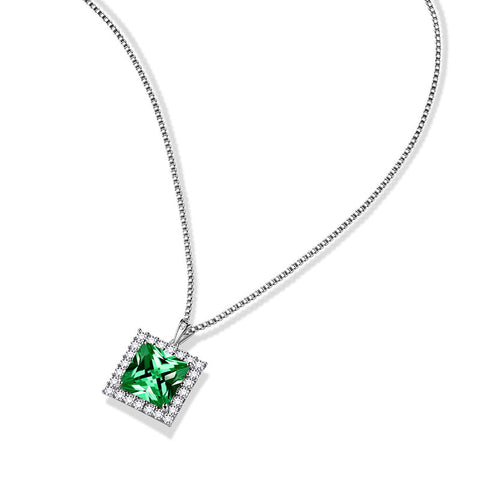 Square Birthstone May Emerald Necklace Pendant Sterling Silver - Necklaces - Aurora Tears