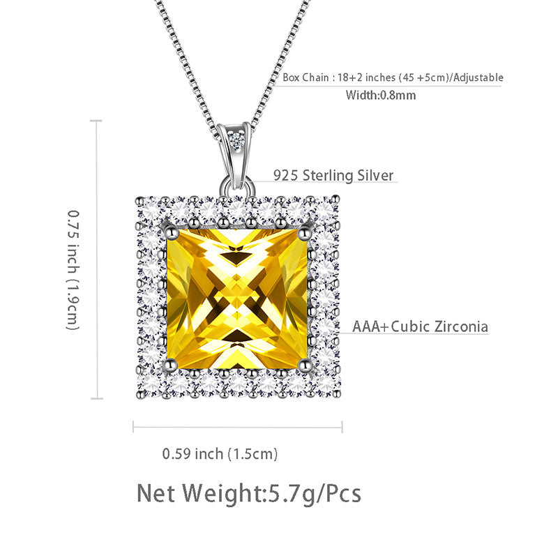 Square Birthstone November Citrine Necklace Pendant Sterling Silver - Necklaces - Aurora Tears