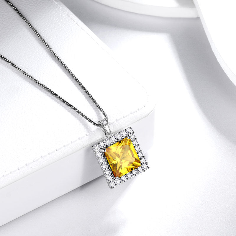 Square Birthstone November Citrine Necklace Pendant Sterling Silver - Necklaces - Aurora Tears