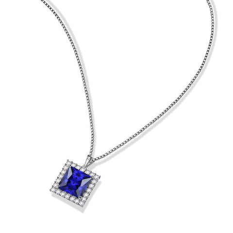 Square Birthstone September Sapphire Necklace Pendant Sterling Silver - Necklaces - Aurora Tears