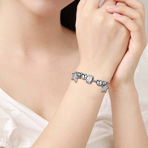 Pulseiras de elos com contas de berloques e estrelas da sorte, joias femininas de aço inoxidável