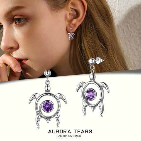 Orecchini con ametista di febbraio con pietra portafortuna della tartaruga, gioielli da donna, regalo di compleanno, argento sterling
