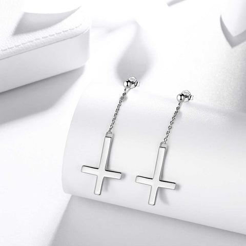 Boucles d'oreilles croix à l'envers pendantes pour femmes et hommes, bijoux en argent sterling