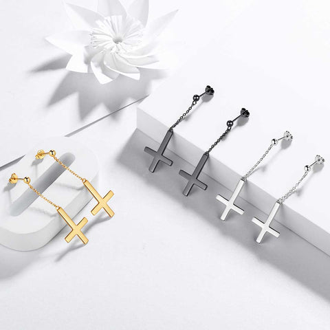 Boucles d'oreilles croix à l'envers pendantes pour femmes et hommes, bijoux en argent sterling