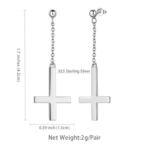 Boucles d'oreilles croix à l'envers pendantes pour femmes et hommes, bijoux en argent sterling
