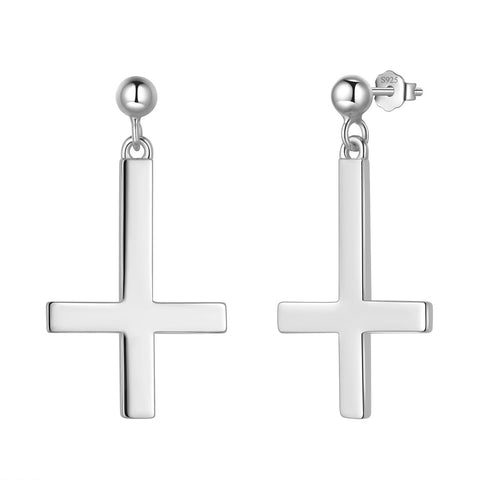 Pendientes de cruz al revés para mujer y hombre, joyería de plata de ley 925