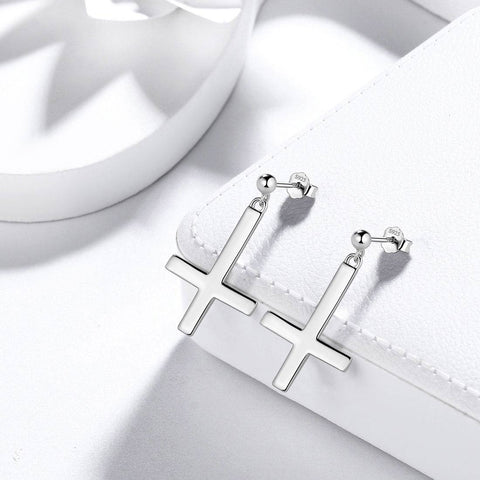 Pendientes de cruz al revés para mujer y hombre, joyería de plata de ley 925