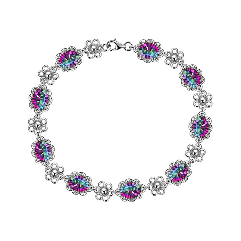 Women Vintage Tennis Bracelet Rainbow Mystic Topaz Jewelry Flower Oval Girls Gifts 925 Sterling Silver - Aurora Tears Jewelry