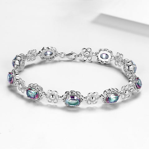 Women Vintage Tennis Bracelet Rainbow Mystic Topaz Jewelry Flower Oval Girls Gifts 925 Sterling Silver - Aurora Tears Jewelry