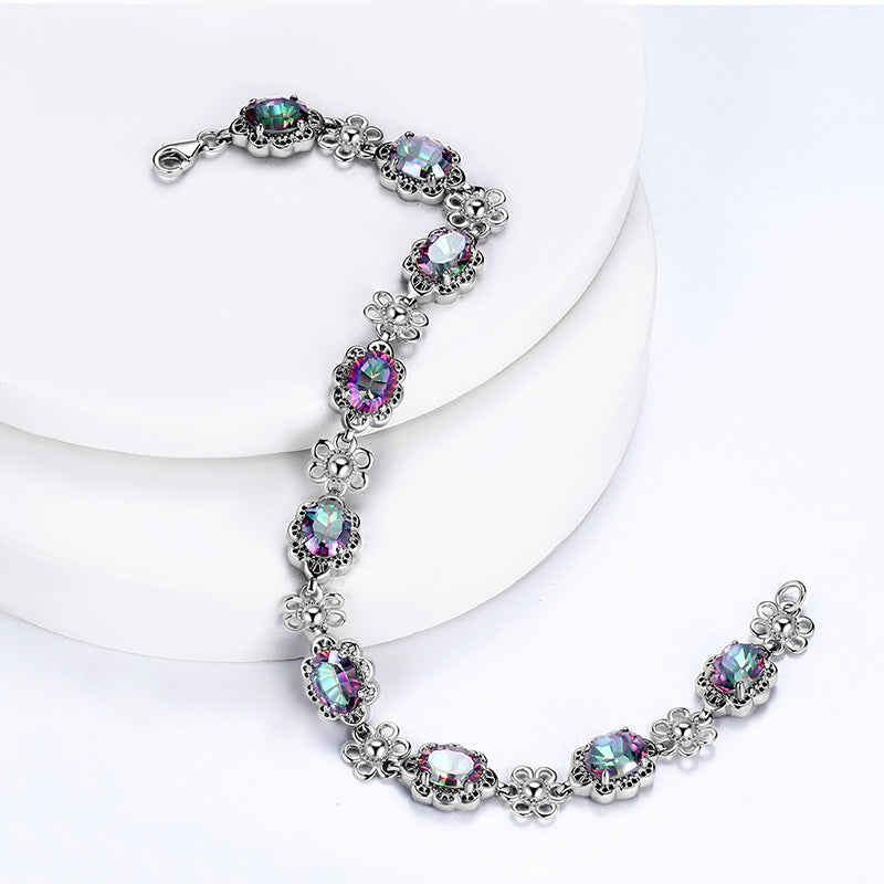 Women Vintage Tennis Bracelet Rainbow Mystic Topaz Jewelry Flower Oval Girls Gifts 925 Sterling Silver - Aurora Tears Jewelry