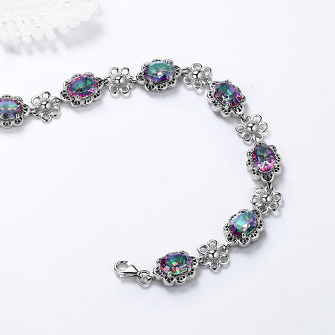 Women Vintage Tennis Bracelet Rainbow Mystic Topaz Jewelry Flower Oval Girls Gifts 925 Sterling Silver - Aurora Tears Jewelry