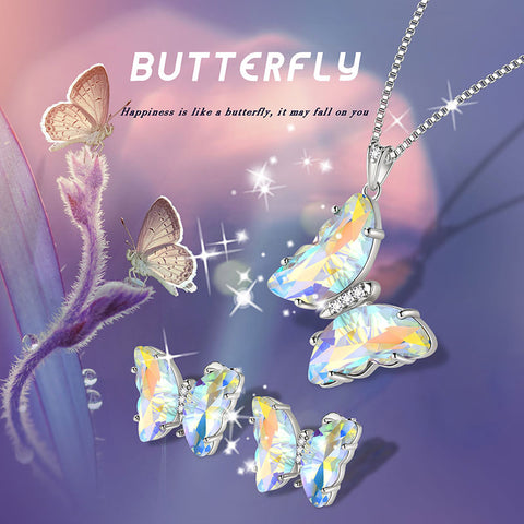 Ensemble de bijoux papillon blanc 3 pièces, pierre de naissance en diamant d'avril, cadeaux d'anniversaire pour femmes et filles