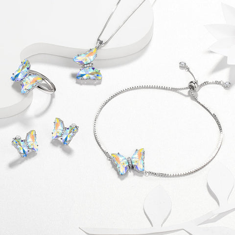 Set di gioielli con farfalla bianca, 5 pezzi, pietre portafortuna con diamanti di aprile, regali di compleanno per ragazze e donne