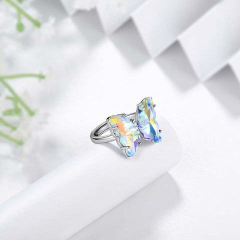White Butterfly Ring April Diamond Birthstone Women Girls Jewelry Birthday Gift