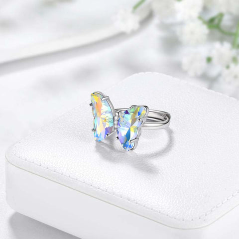 White Butterfly Ring April Diamond Birthstone Women Girls Jewelry Birthday Gift