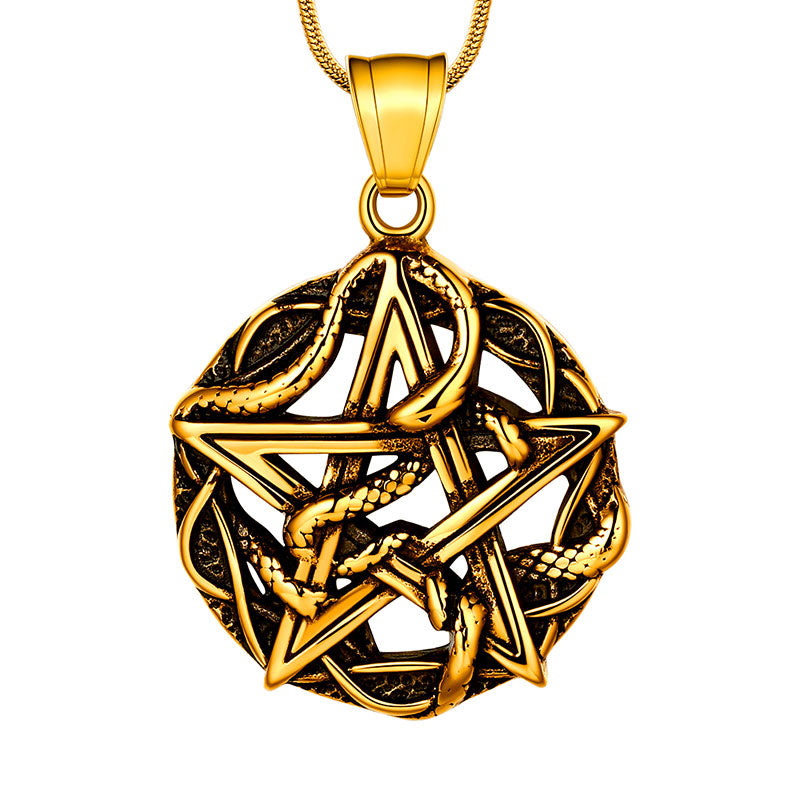 Wiccan Necklace Pentagram Entwined Snake Pendant 316L Stainless Steel - Necklaces - Aurora Tears