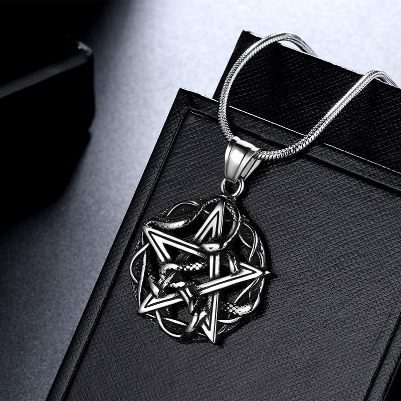 Wiccan Necklace Pentagram Entwined Snake Pendant 316L Stainless Steel - Necklaces - Aurora Tears