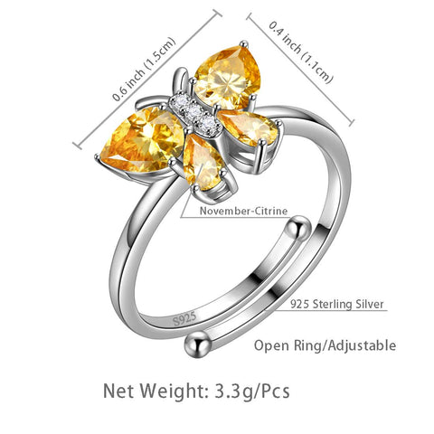 Anello con farfalla, pietra portafortuna, novembre, citrino, gioielli da donna, regalo di compleanno