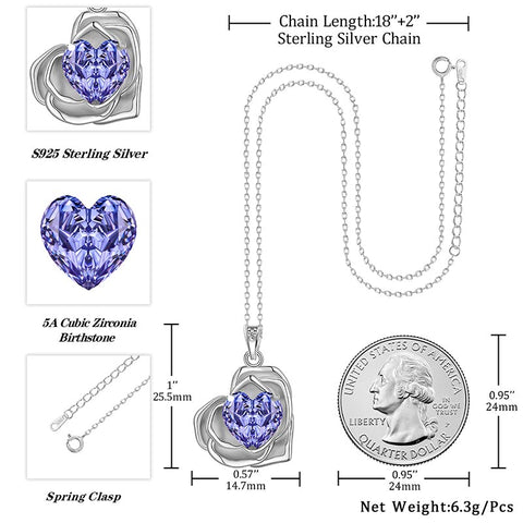 Geburtsstein-Blumenkette für Damen, 925 Sterlingsilber, Herzanhänger mit Rosenschliff und Zirkonia, Schmuckstück, Weihnachts-, Valentinstags- oder Geburtstagsgeschenk für Mutter und Tochter