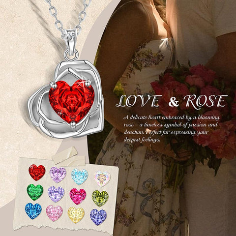 Geburtsstein-Blumenkette für Damen, 925 Sterlingsilber, Herzanhänger mit Rosenschliff und Zirkonia, Schmuckstück, Weihnachts-, Valentinstags- oder Geburtstagsgeschenk für Mutter und Tochter