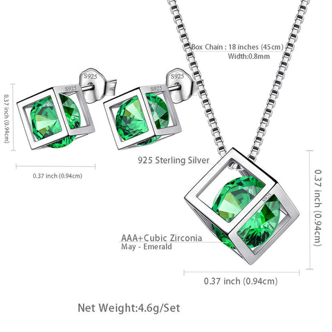 Ensemble de bijoux 3D Cube pierre de naissance émeraude de mai, 3 pièces, cadeau d'anniversaire pour femmes et filles
