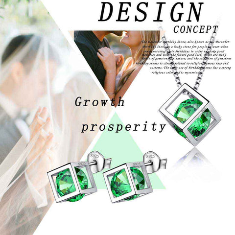 Ensemble de bijoux 3D Cube pierre de naissance émeraude de mai, 3 pièces, cadeau d'anniversaire pour femmes et filles