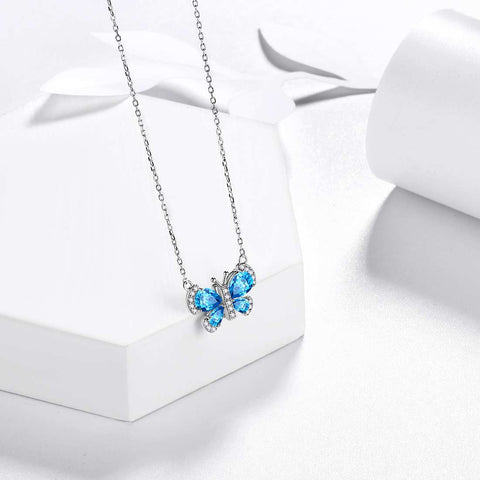 Collier papillon avec pierre de naissance, pendentif aigue-marine de mars, bijoux pour femmes et filles, cadeau d'anniversaire