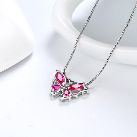 Halskette mit Schmetterlings-Anhänger, Geburtsstein, Juli, Rubin, Damen- und Mädchenschmuck, Geburtstagsgeschenk