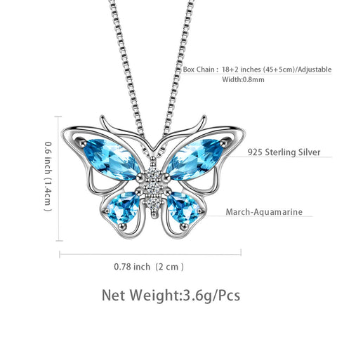 Schmetterling-Anhänger-Halskette, Geburtsstein, März, Aquamarin, Damen- und Mädchen-Schmuck, Geburtstagsgeschenk