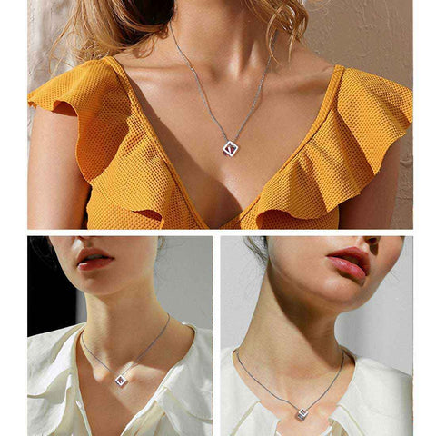 3D Cube Birthstone July Ruby Necklace Pendant Women Girls Jewelry Birthday Gift Sterling Silver