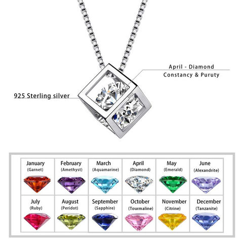 Collier avec pendentif en forme de cube 3D avec pierre de naissance du mois d'avril, bijoux pour femmes et filles, cadeau d'anniversaire en argent sterling