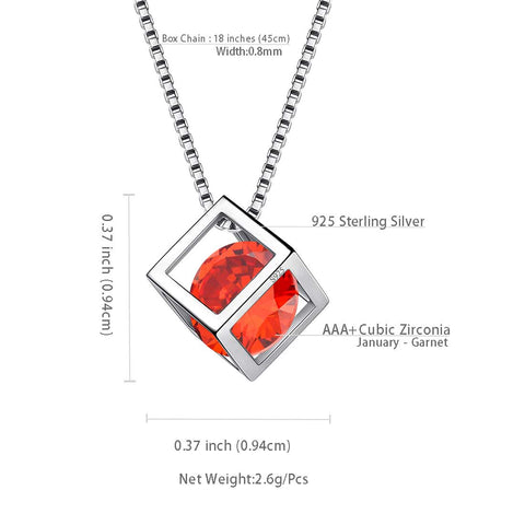 Collier avec pendentif en forme de Cube 3D, pierre de naissance de janvier, grenat, bijoux pour femmes et filles, cadeau d'anniversaire, en argent sterling