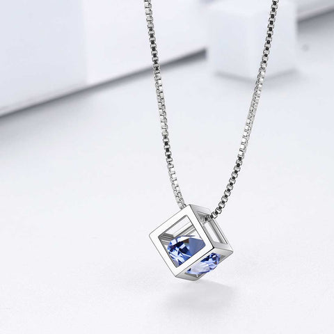 3D Cube Birthstone December Tanzanite Necklace Pendant Women Girls Jewelry Birthday Gift Sterling Silver