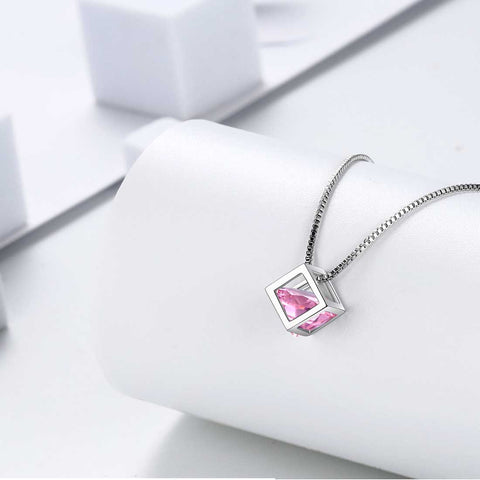 3D-Würfel-Geburtsstein Oktober Turmalin Halskette Anhänger Damen Mädchen Schmuck Geburtstagsgeschenk Sterling Silber