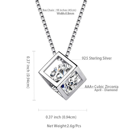 Collier avec pendentif en forme de cube 3D avec pierre de naissance du mois d'avril, bijoux pour femmes et filles, cadeau d'anniversaire en argent sterling