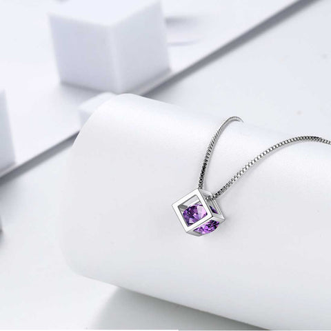 3D Cube Birthstone February Amethyst Necklace Pendant Women Girls Jewelry Birthday Gift Sterling Silver