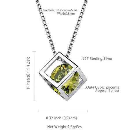 Cubo 3D Birthstone Agosto Peridoto Collana Ciondolo Donne Ragazze Gioielli Regalo di compleanno Argento sterling