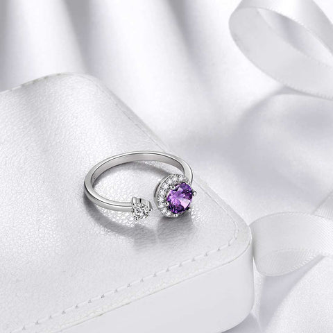 Runder Geburtsstein Februar Amethyst Ring Damen Mädchen Schmuck Geburtstagsgeschenk Sterling Silber