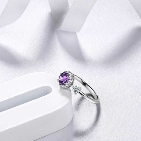 Runder Geburtsstein Februar Amethyst Ring Damen Mädchen Schmuck Geburtstagsgeschenk Sterling Silber
