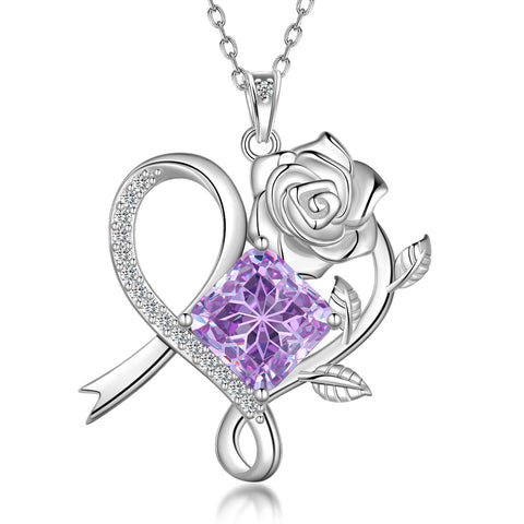 Geburtsstein-Halskette mit Rosenblüte, 925er Sterlingsilber, Anhänger im Schneeflockenschliff mit Zirkonia, Herzform, ideales Geschenk zu Weihnachten, Valentinstag oder Geburtstag für Mutter und Tochter