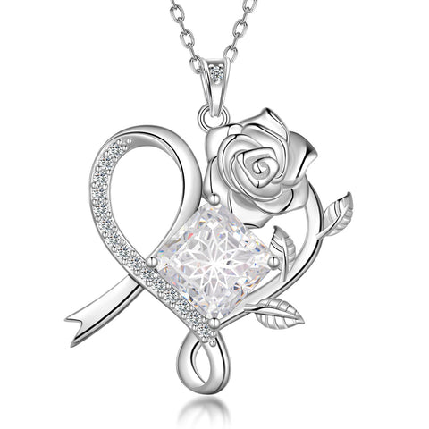 Geburtsstein-Halskette mit Rosenblüte, 925er Sterlingsilber, Anhänger im Schneeflockenschliff mit Zirkonia, Herzform, ideales Geschenk zu Weihnachten, Valentinstag oder Geburtstag für Mutter und Tochter