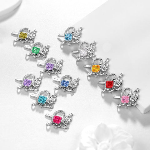 Geburtsstein-Halskette mit Rosenblüte, 925er Sterlingsilber, Anhänger im Schneeflockenschliff mit Zirkonia, Herzform, ideales Geschenk zu Weihnachten, Valentinstag oder Geburtstag für Mutter und Tochter