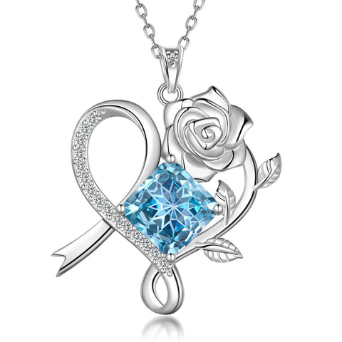 Geburtsstein-Halskette mit Rosenblüte, 925er Sterlingsilber, Anhänger im Schneeflockenschliff mit Zirkonia, Herzform, ideales Geschenk zu Weihnachten, Valentinstag oder Geburtstag für Mutter und Tochter