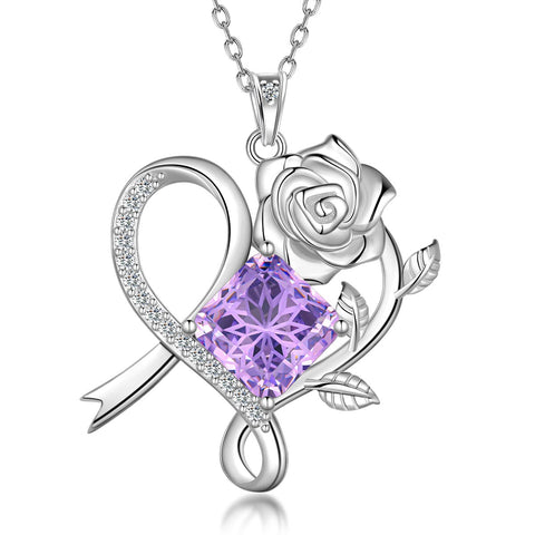 Geburtsstein-Halskette mit Rosenblüte, 925er Sterlingsilber, Anhänger im Schneeflockenschliff mit Zirkonia, Herzform, ideales Geschenk zu Weihnachten, Valentinstag oder Geburtstag für Mutter und Tochter