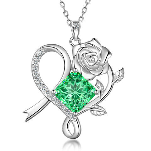 Geburtsstein-Halskette mit Rosenblüte, 925er Sterlingsilber, Anhänger im Schneeflockenschliff mit Zirkonia, Herzform, ideales Geschenk zu Weihnachten, Valentinstag oder Geburtstag für Mutter und Tochter
