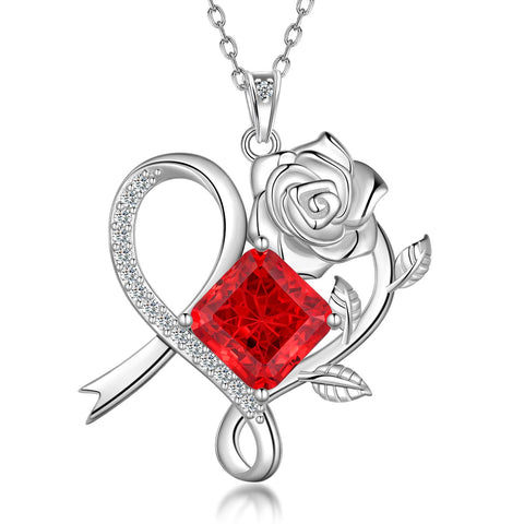 Geburtsstein-Halskette mit Rosenblüte, 925er Sterlingsilber, Anhänger im Schneeflockenschliff mit Zirkonia, Herzform, ideales Geschenk zu Weihnachten, Valentinstag oder Geburtstag für Mutter und Tochter